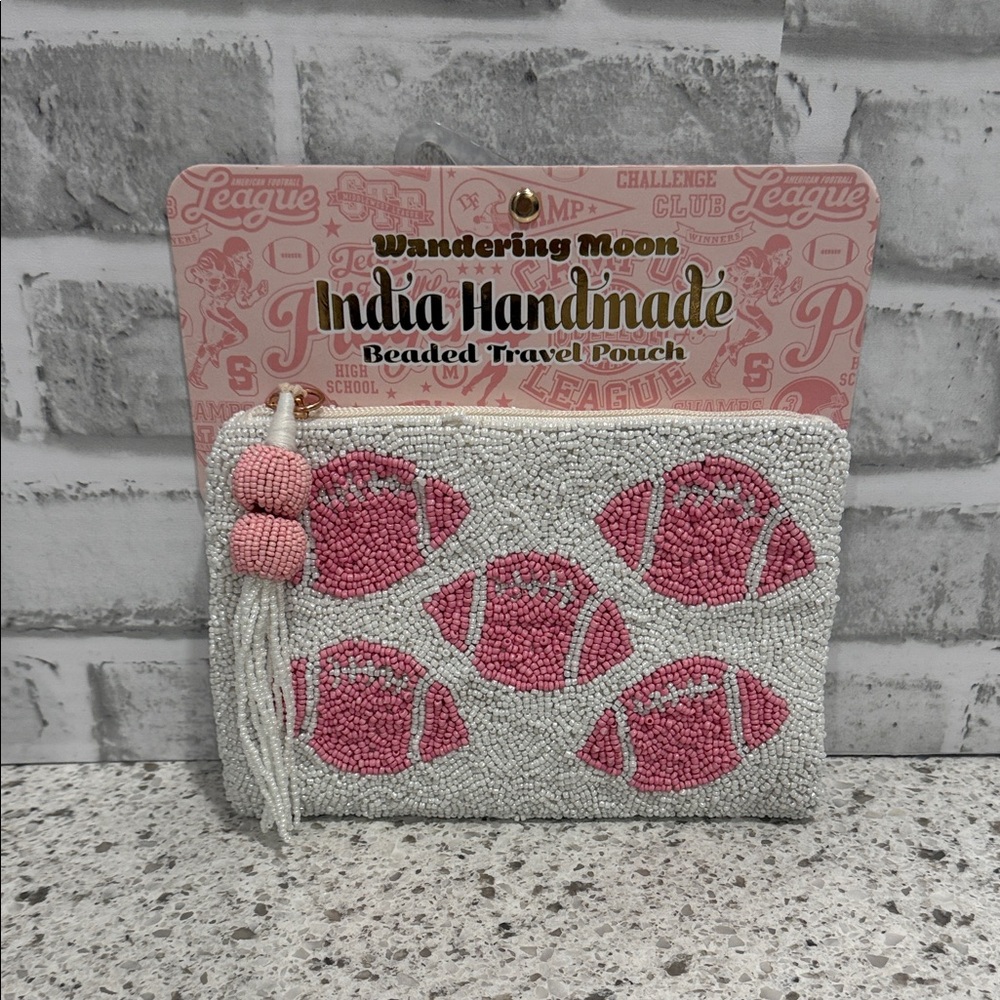 Wandering Moon Handmade Pink and White Football 100% Glass Beaded Pouch/Clutch